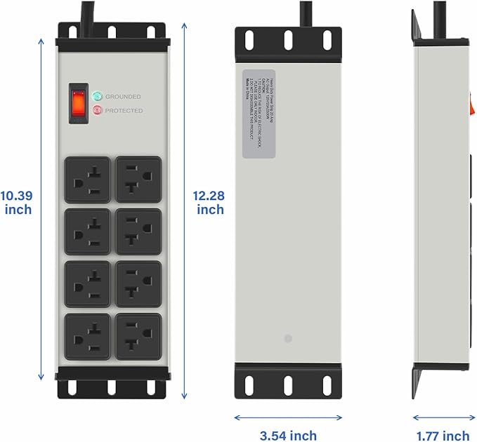 CCCEI Heavy Duty Power Strip Surge Protector 20 AMP Switch, 12 Gauge Extension Cord with Multiple Outlets, Industrial, Shop, Garage High Amp Wall Mount Electric Extender. 6FT, Grey.