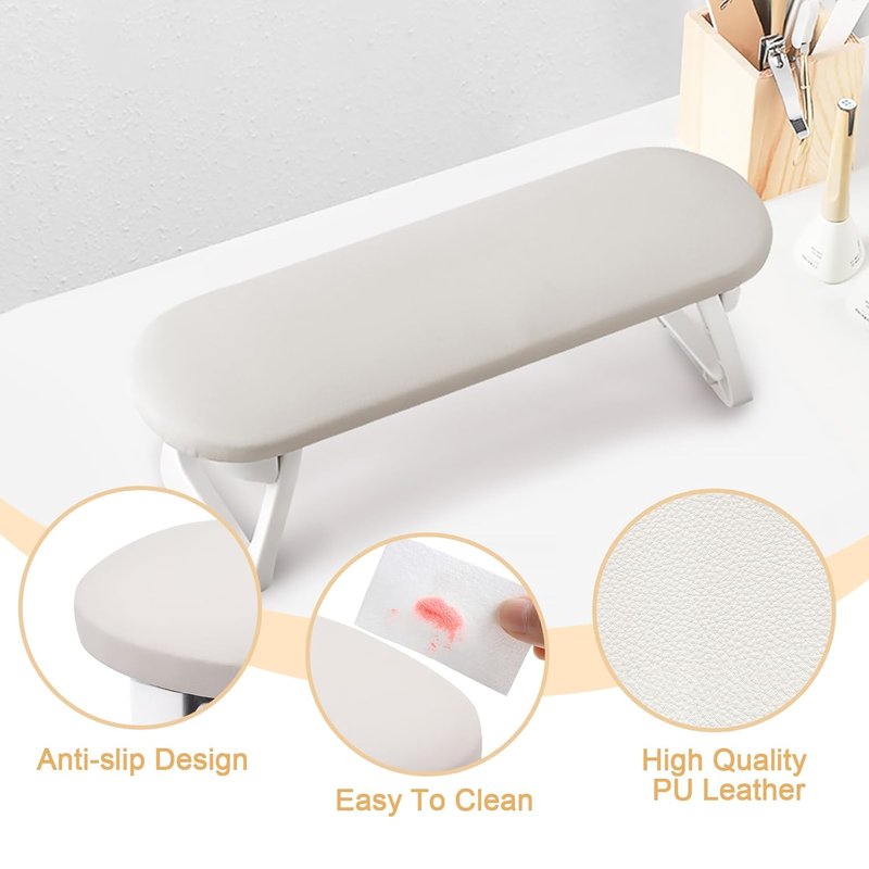 Nail Arm Rest - Foldable PU Leather Cushion for Acrylic Nails | Light Gray Hand Holder for Manicure & Pedicure