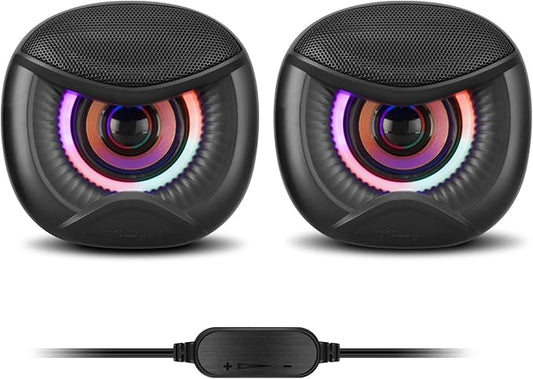 Elimavi USB Computer Speakers, 3.5mm Aux Speaker and USB Powered Interface are Suitable for Desktop Laptop Monitor, Owl Eye Design, Includes a USB-C Adapter, Colorful Lights