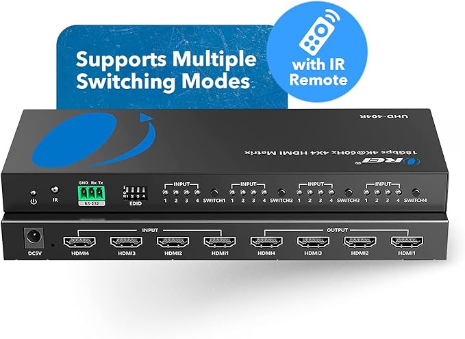 OREI 4K@60Hz 4×4 HDMI Matrix Switch with Downscaler & ARC, 18Gbps, HDCP 2.2, HDR, Audio Extraction (Optical & Analog), 4K-to-1080p Scaling, IR Remote (UHD-404R)