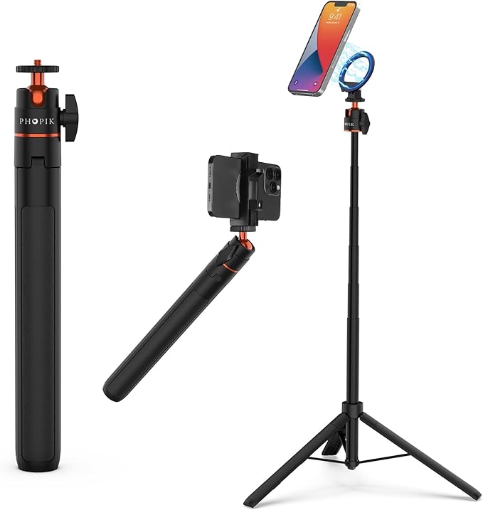 Phopik 56" Magnetic Tripod for iPhone,Phone Tripod MagSafe Compatible with iPhone/Android,GoPro, DJI Osmo Pocket 3,Protable Selfie Stick Tripod for Vlogging, Video Recording,Travel Content Creators