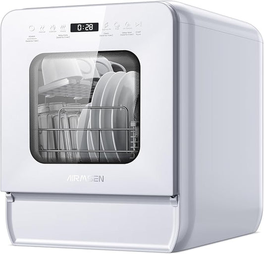 AIRMSEN Narrow Countertop Dishwasher with 5L Water Tank, Portable Dishwasher with 14.6" Narrow & 20.1" Deep Design, 9 Programs, 24H Delay Start & 360° Dual Spray, No Hookup Needed, C01, White