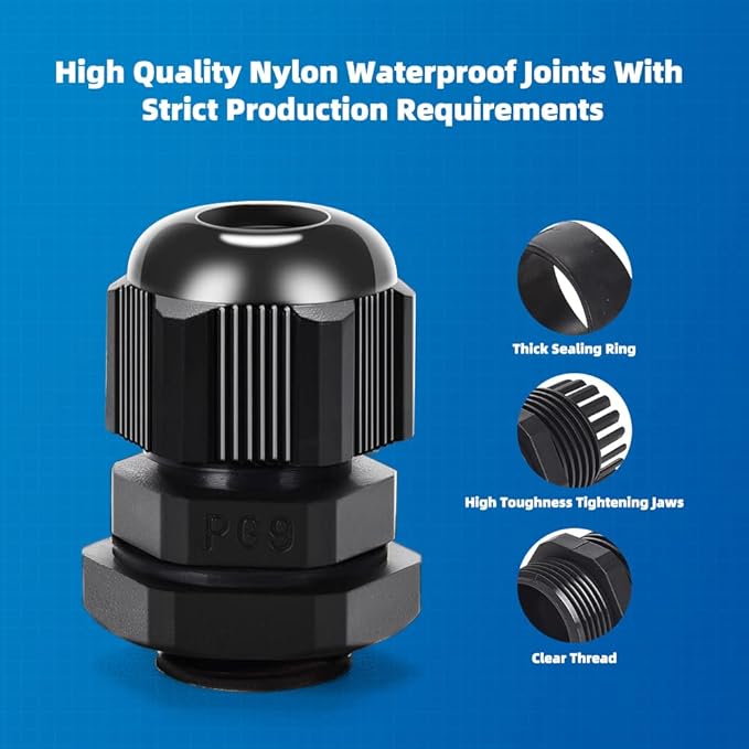 CGELE Cable Gland 20 Pack Plastic Waterproof Adjustable Connector 4-8mm PG9 Strain Relief Cord Connectors Joints Nylon with Gaskets