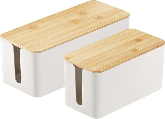 Delamu 2 Pack Cable Management Box Wooden, Wood Box with Lid Safe ABS Cord Hider Box Medium and Small Cable Organizers for Cords, Cable Raceways Power Strip Cover Box Baby Pet Proof for Home Office