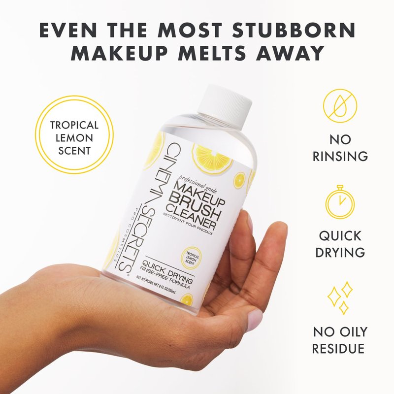 CINEMA SECRETS Original Makeup Brush Cleaner Solution & Spray Combo - Professional Cleanser for Makeup Brushes - Quick-Drying & Rinse-Free - Removes Built-Up Make Up - Lemon (16 fl oz & 2 fl oz)