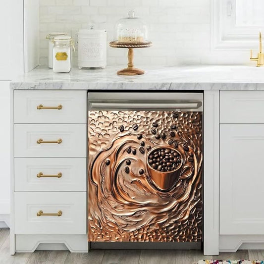 Coffee Copper Relief Effect Dishwasher Magnetic Cover for Door Front 23x26 Inch Dish Washer Magnet Panel Decal for Fridge Home Appliance Kitchen Decoration