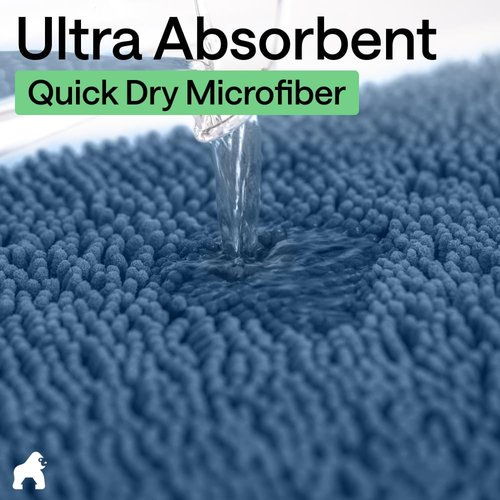GORILLA GRIP Bath Rug Mat - Soft Absorbent Chenille | Quick-Dry Microfiber, 48x17, Blue