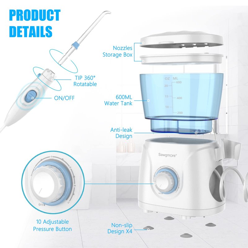 Sawgmore Water Flosser Oral Irrigator, 600 ml Large Capacity, 10 Adjustable Pressures, Electric Flosser for Teeth/Braces, 8 Home Nozzles Oral Irrigator(White)