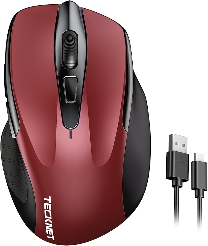 TECKNET Wireless Mouse Rechargeable, 2.4G USB-A Silent Mouse, Quiet Click, 6 Adjustable 4800 DPI, Cordless Computer Mice, Ergonomic Mice for Laptop, 6 Buttons for Chromebook, Ergo Grip - Red