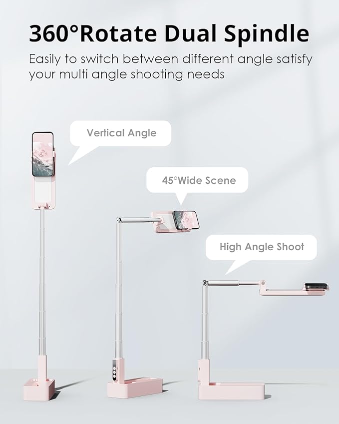 SupeDesk Phone Stand for Recording, Overhead Phone Mount with Light, Selfie Stand,Portable,Extendable,360° Rotate,Adjustable,Wireless Remote,Rechargeable, for 3.5-6.9" Phones, Live Streaming