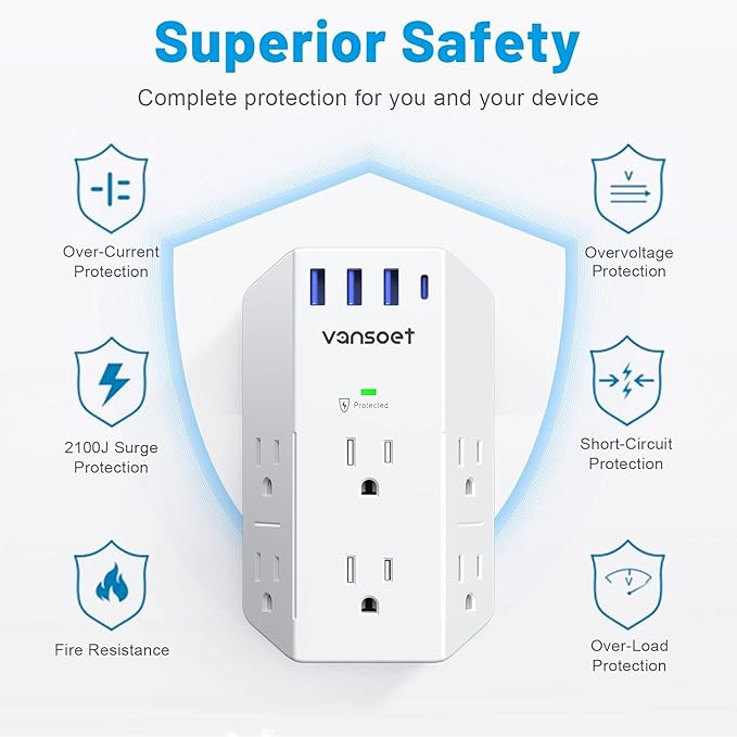 Wall Outlet Extender, Vansoet 6 Outlet Splitter with 4 USB Ports(1 USB C PD 20W), 2100J Surge Protector Power Strip, 3 Side Multi Plug Outlet for Travel, Home, Office, Dorm