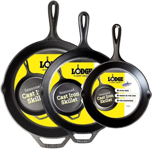 Lodge Seasoned Cast Iron Skillet Set - PFAS-Free Non-Toxic Cookware - Naturally Non-Stick | 8, 10.25 & 12 Inches