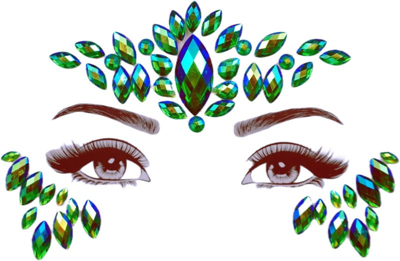 Face Jewels - Green Rhinestone Stickers for Halloween Makeup | Self-Adhesive Festival Glitter Gems
