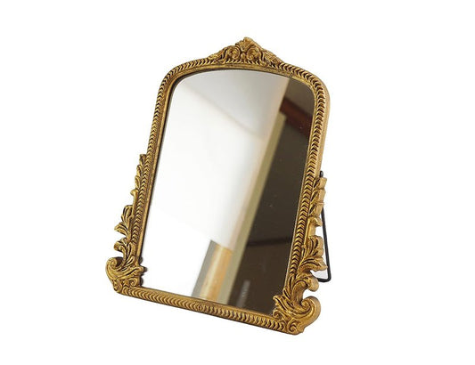 Small Vintage Vanity Makeup Desk Mirror, Antique Traditional Arch Table Mirror in Gold, Decorative Wood Carved Mirror for Living Room Bedroom Tabletop 11.8" x 9.6"