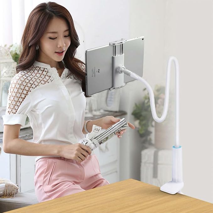 gsiollvderbarley Phone Holder,gooseneck Phone Holder,360° Rotate Support Rod One-Hand Adjustable Cell Phone Holder,for Desk Headboard Nightstand. (White)