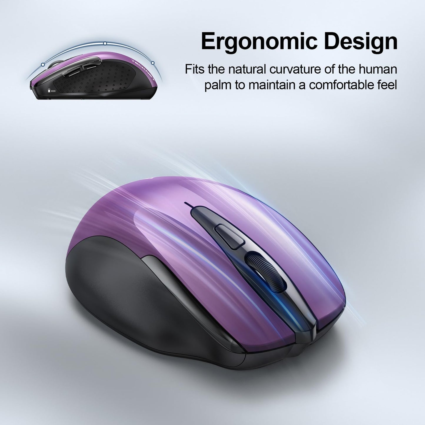 TECKNET Wireless Mouse (2.4G & BT5.0/3.0) Silent 4800 DPI Computer USB A & Bluetooth Mouse 6 Buttons, Wide Compatibility - Purple