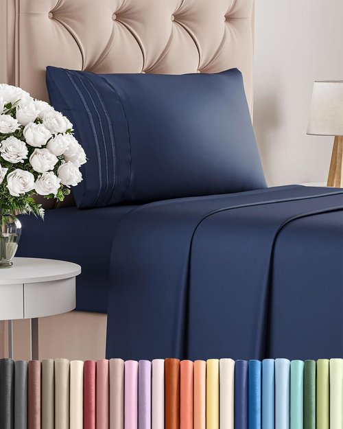 Comfy Twin Size 3 Piece Sheet Set by [Brand Name] - Breathable, Cooling Luxury Bedding - Deep Pockets, Ultra-Soft, Wrinkle-Free - Navy Blue