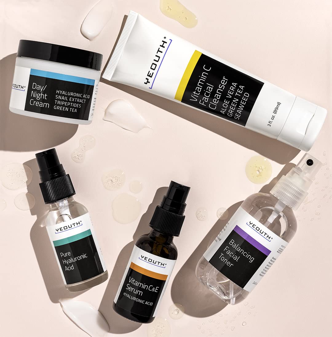 YEOUTH Skin Care Set: Hyaluronic Acid Serum for Face | Vitamin C Facial Serum | Face Cleanser | Skincare Toner & Cream | Hydrating Skin Care Gift Set 5-Piece
