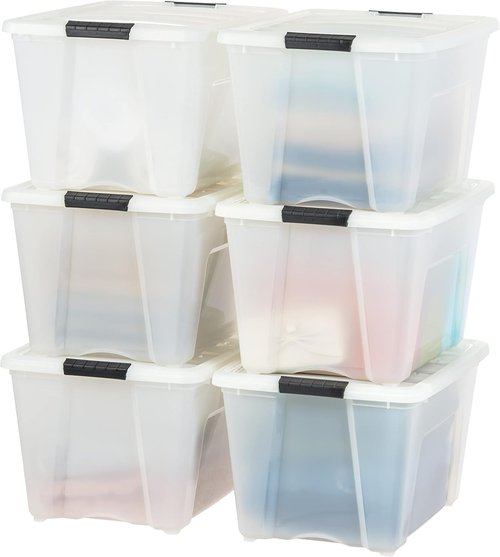 IRIS USA 54 Quart Stackable Storage Bins - Durable Plastic Containers with Lids & Latching Buckles, 6 Pack | Pearl Color