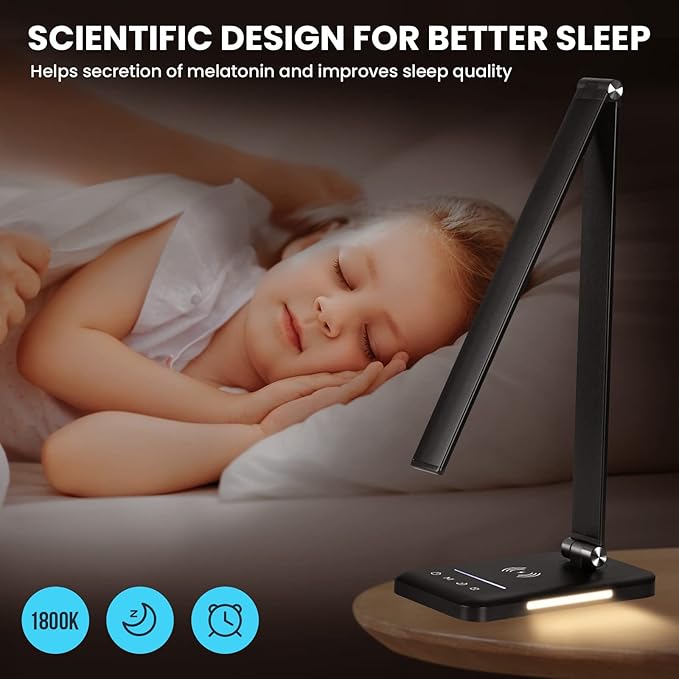 JOSTIC LED Desk Lamp with Night Light, Fast Wireless Charger, USB Charging Port, 10 Brightness, 5 Color Modes, Dimmable Bedside Table Lamp for Bedroom, Touch Control, Auto Timer, 1200Lux Super Bright