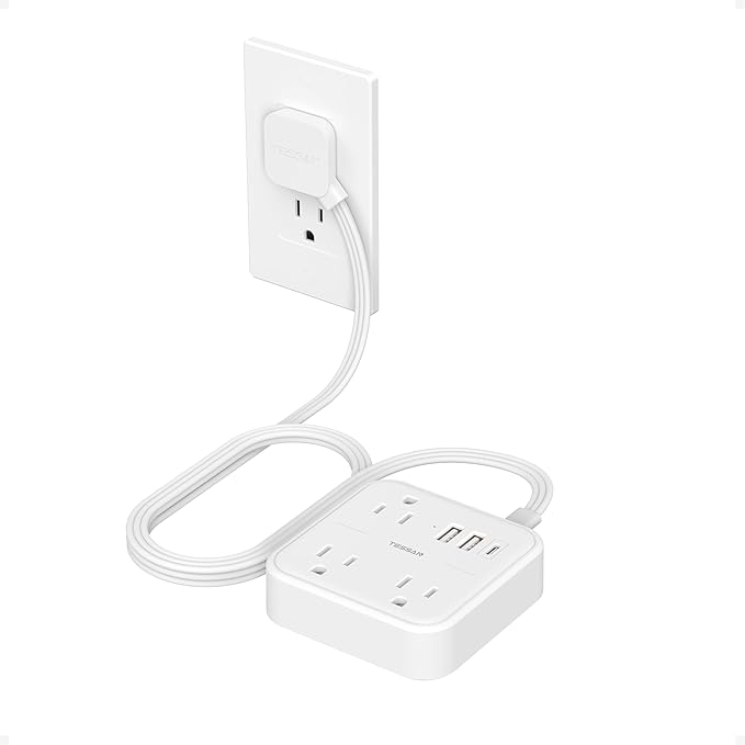 TESSAN Ultra Thin Flat Extension Cord 5 FT, Slim Power Strip with USB Ports (1 USB C), Surge Protector Flat Plug Wall Charger with 3 Outlets for Office, School, Dorm Room Essentials, White