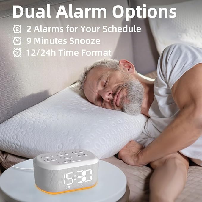 Small Digital Alarm Clock for Bedroom White Noise Sound Machine with 30 Soothing Sound Plug in Desk Bedside Clock with NightLight Battery Backup 15 Wake up Sound Clock for Teen Kid Heavy Sleeper
