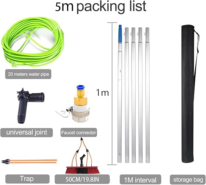 Window Cleaning Pole/Water Fed Telescopic Brush/Extendable Cleaner Conservatory Roof Suitable for Photovoltaic Panel CleaningTrucks Windows(50cm Brush 5m Pole)