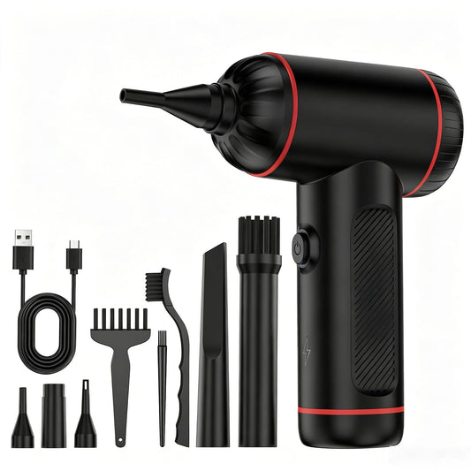 Compressed Air Duster, 100000RPM Handheld Car Vacuum/Air Blower& Pump, 3 Gear Adjustable Electric Air Duster/Car Vacuum Cleaner, Keyboard Duster with LED Light-10 Kits Air Blower for Computer(Black)