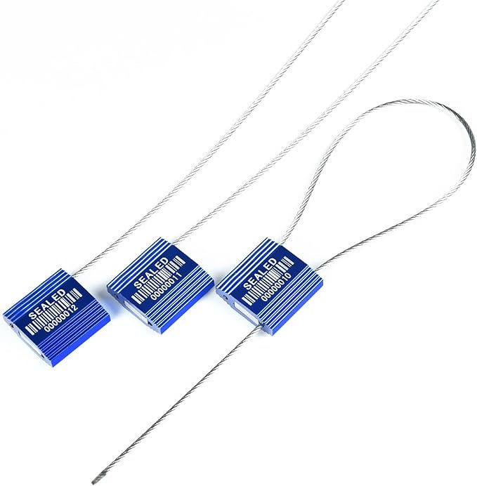 LeadSeals 100 Blue Steel Cable Seals with Barcode - High Security Numbered Truck Seals - Anti-Tamper Pull Tite Self-Locking Safety Ties - ISO 17712