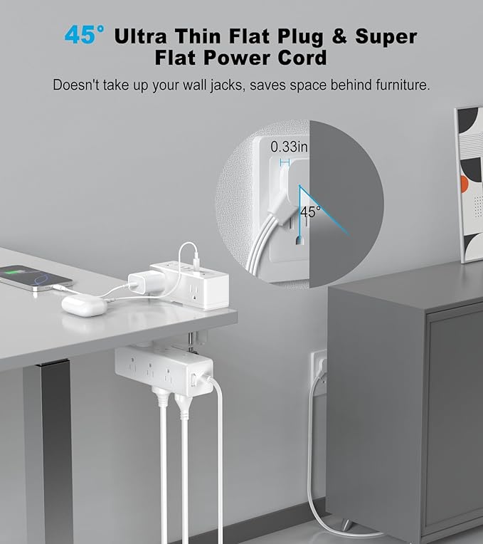 Dual Layer Desk Clamp Power Strip, Desktop Edge Mount Surge Protector with 15 AC Outlets & 4 USB Ports(20W USB-C), Ultra Thin Flat Plug & 15FT Power Cord for Office Home(ETL Listed)