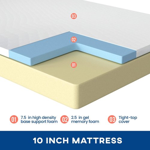 FDW 10-Inch Twin Gel Memory Foam Mattress - Medium Firm, Pressure Relief & Cooling | CertiPUR-US Certified, White