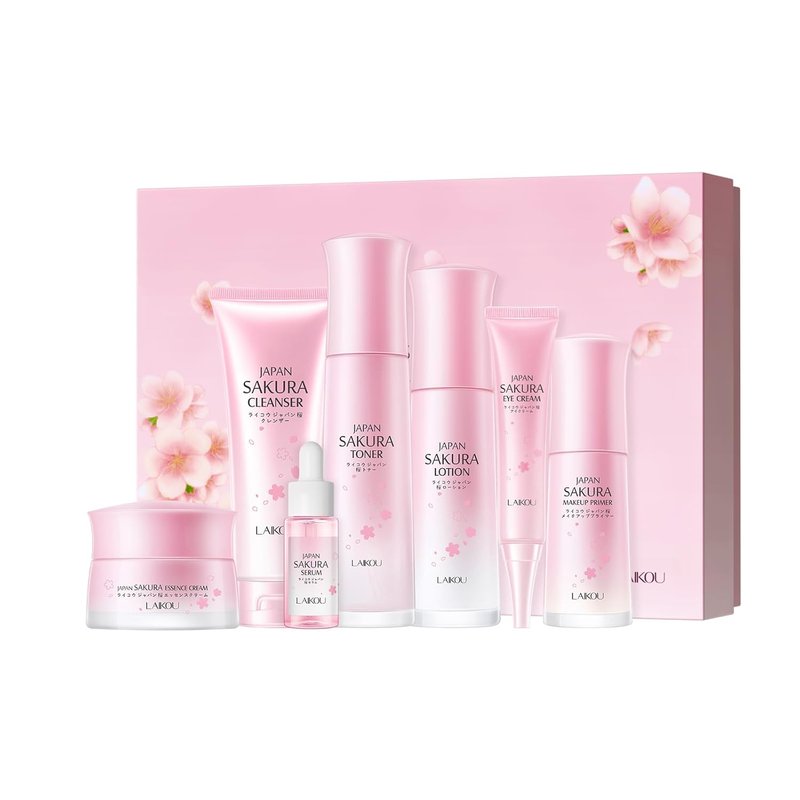 Sakura Skin Care Set - Japanese Beauty Gift Kit with Cleanser, Toner, Serum & More | 7-Piece Travel Set for Women