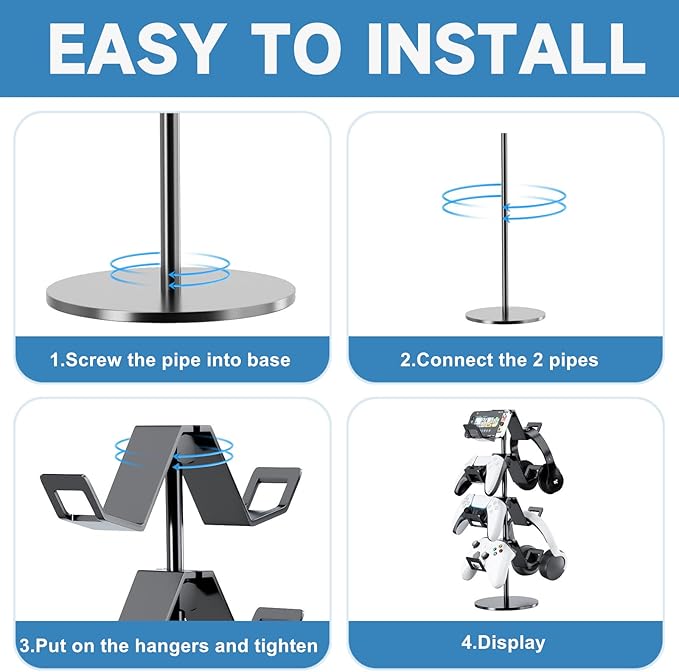 Karanava Controller Holder 4 Tier,Headphone Stand - Adjustable Headset Holder for Xbox PS5 PS4 Switch Pro - Gaming Accessories Storage for Gamer,Desk/Floor(Black)