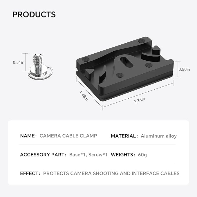 YAMCOWL Aluminum Camera Cable Locking Clip - Adjustable USB/HDMI Protector with 1/4-inch Threads, Secure Cable Clip for DSLR Camera Photographer Students (Black)