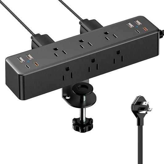 Flat Plug Desk Clamp Power Strip 10FT, 40W Total Fast Charging Station, Dual PD 20W USB C Ports, Desk Edge Mount Power Strip 9 AC Outlets 8 USB Ports(4 USB C), Fit 1.7" Tabletop Edge