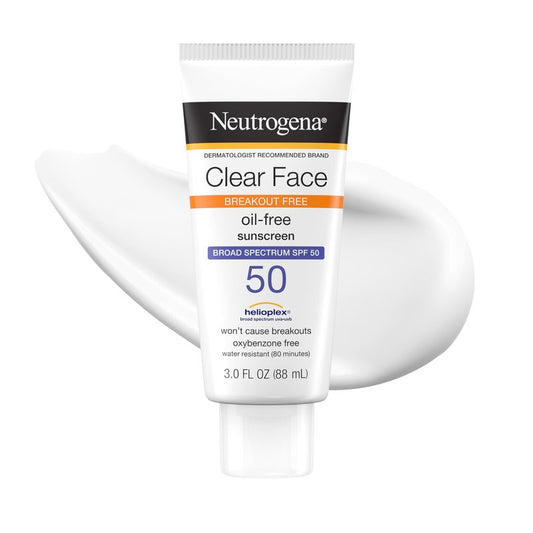 Neutrogena Clear Face Sunscreen Lotion SPF 50 for Acne-Prone Skin Broad Spectrum UVA UVB Protection Oil-Free No-Fragrance No-Oxybenzone Water-Resistant Daily Face Moisturizer, 3 fl oz