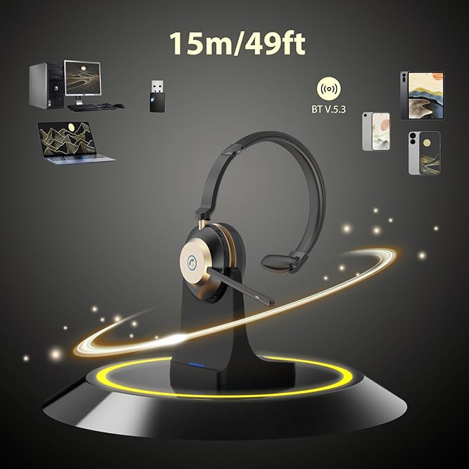 NOTESNEE V5.3 Wireless Headset with Mic for Work, 45Hrs Computer Headset with Microphone, Bluetooth Headphones with Noise Cancelling Mic, Charging Base, USB Dongle & Mute Button for PC, Skype, Zoom