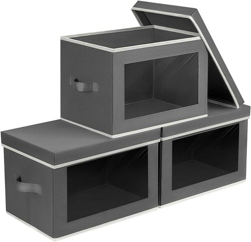 Homsorout Storage Bins - Small Collapsible Fabric Organizers with Lids, 3-Pack in Dark Grey