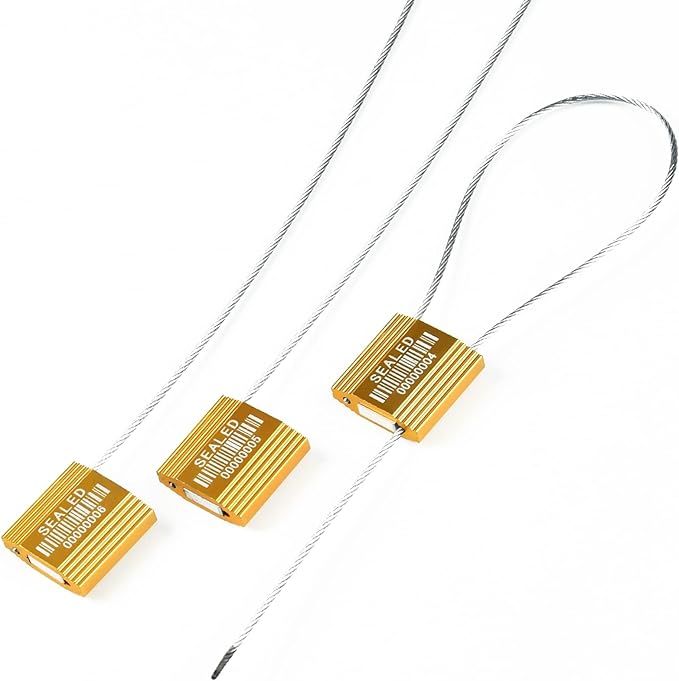 LeadSeals 50 Yellow High Security Cable Seals with Barcode Pull Tight Numbered Steel Security Seals Metal Container Seals Anti-Tamper Shipping Self-Locking Tags for Logisitics ISO 17712 Certificated