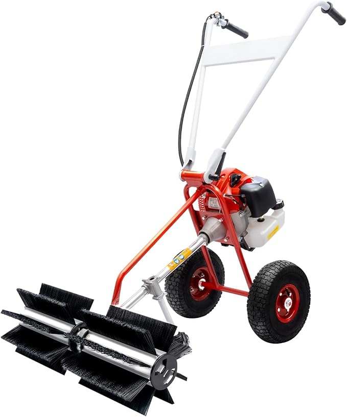 Gas Power Sweeper Broom, 43cc 1.7HP 2-Stroke Handheld Gas Power Held Sweeper Broom Grass Walk Behind Hand Lawn Sweeper with Wheels for Cleaning Driveway Farms Parks Turf