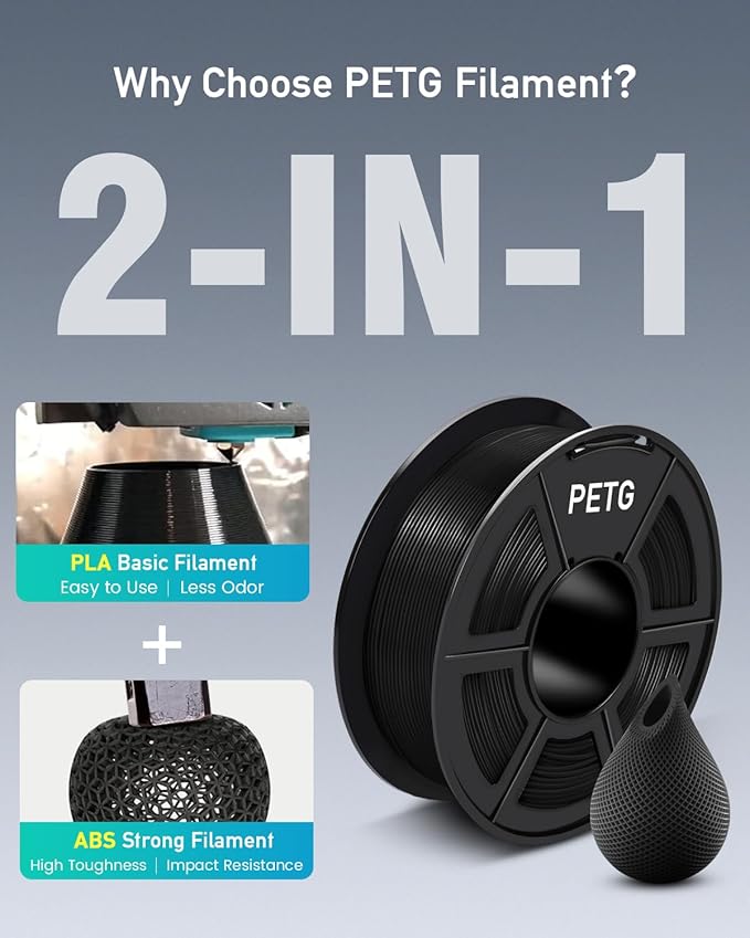 SUNLU Large Spool 5KG PETG Filament, 3D Printer Filament PETG 1.75mm, Less Stringing Good Layer Adhesion High Toughness, Big Roll Filament, 5kg Spool(11 lbs), Black