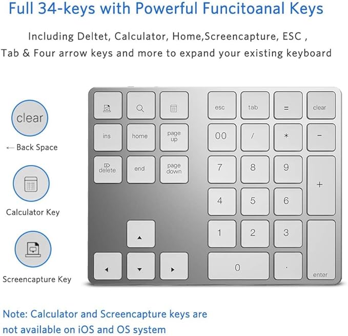 JOYEKY Bluetooth Number Pad, Wireless Numeric Keypad, USB-C Rechargeable External 34-Keys Numpad, Financial Data Entry Keyboard for iMac, MacBook Air/Pro, PC Desktop, Laptop Notebook(Silver)