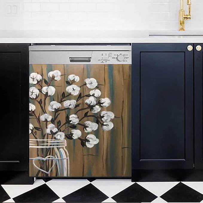 Bless Family Dishwasher Cover Floral Sticker Kitchen Decor,Cotton Bolls Painting Fridge Magnetic,Flower Vase Refrigerator Magnets Decal,Appliance Magnetic Panel 23"x26"