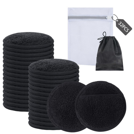 SUNLAND Reusable Makeup Remover Pads for Face,Eye,Lips 32 Pack Microfiber Face Cleansing Gloves Washable with Laundry Bag and Travel Bag Rounds Toner Pads（Round 3.15inchx32,Black）