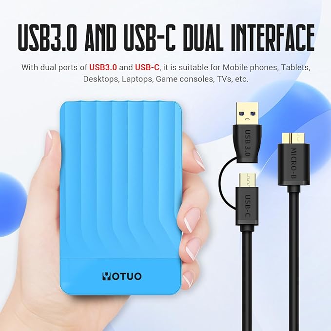 YOTUO 1TB External Hard Drive, Portable Storage Expansion HDD, USB 3.0 & USB-C for PC, Mac, Desktop, Laptop, Smartphone, PS4, Xbox One, Xbox 360, Office & Game, Blue