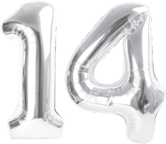 Number 14 Balloons - Large 40 Inch Silver Foil Birthday Decorations for 14th Celebrations