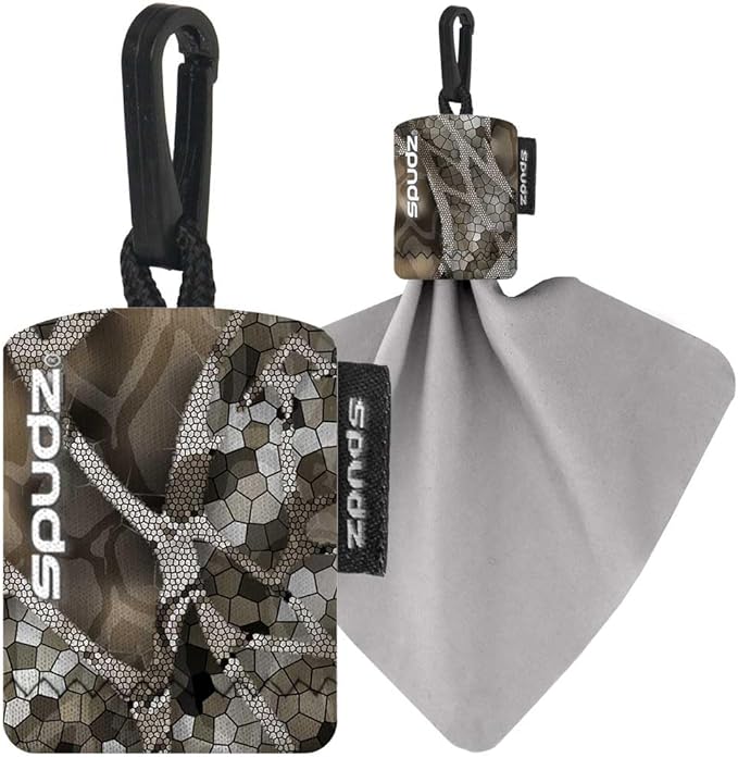 SPUDZ Classic Microfiber Lens Cleaner – Clip-On Pouch, Washable – for Binoculars, Scopes, Glasses, Screens | Classic | Vanish Tan, 6 x 6 Inch