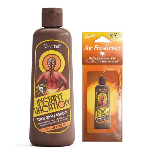 Instant Vacation SPF 30 Bronzing Lotion and Air Freshener Bundle, 5 Fluid Ounces - Bronzing Sunscreen, Buildable Color, Lightweight, Broad Spectrum, Evens Skin Tone, Vegan