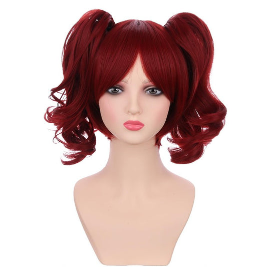 PATTNIUM Red Wig for Kids Girls Short Red Wig with Bangs Child Dark Red Ponytails Wig Include 2 Detachable Buns with Clips Synthetic Wig with Wig Cap(Red)