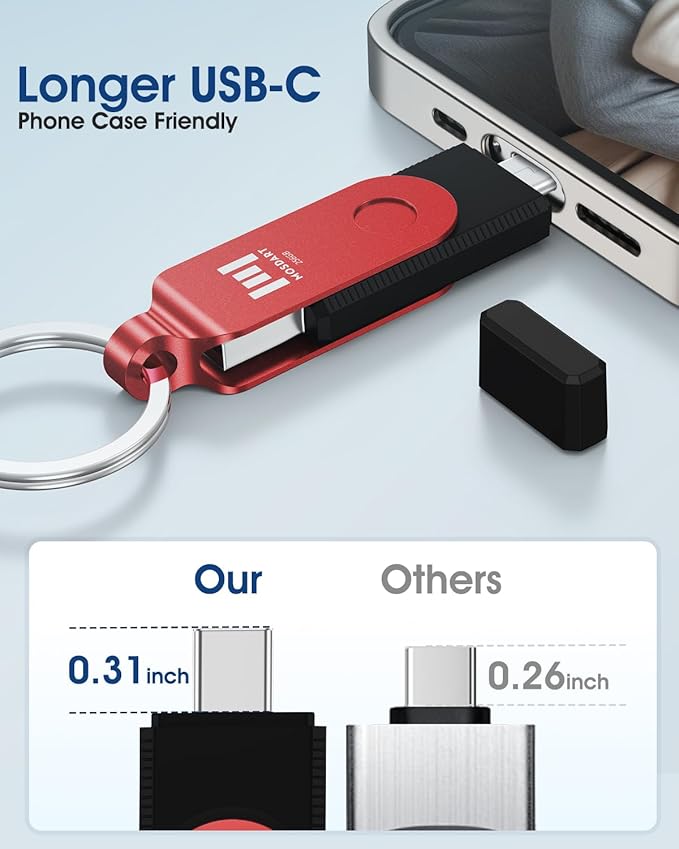 MOSDART 256GB USB C 3.2 Fast Speed C and A Dual Flash Drive, exFAT Memory Stick with Keychain and LED Indicator, for iPhone 15,16,17, Android Phone, iPad, MacBook, and Other Laptops, Red